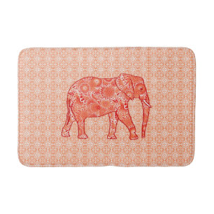 Fractal Swirl Elephant, Coral Orange and White Bath Mat