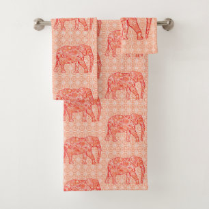 Fractal swirl elephant, coral orange and white bath towel set