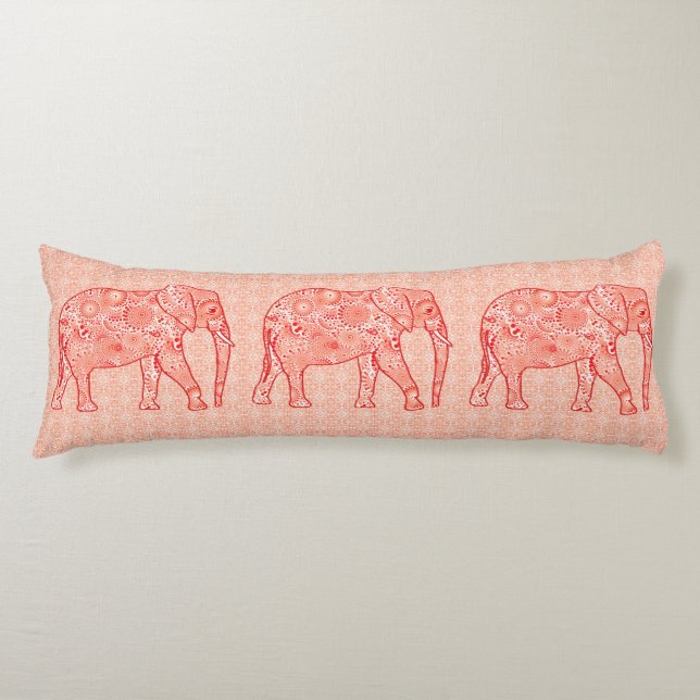 Fractal swirl elephant - coral orange and white body pillow (Front)