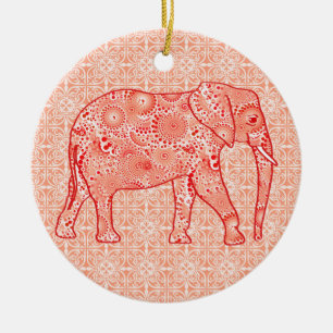 Fractal swirl elephant - coral orange and white ceramic ornament