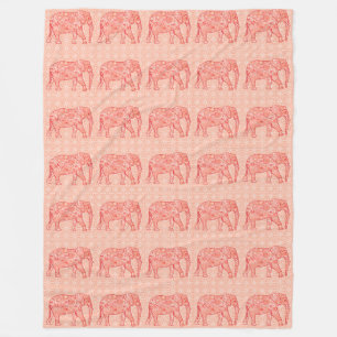 Fractal swirl elephant - coral orange and white fleece blanket