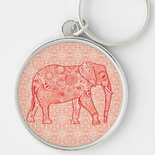 Fractal swirl elephant - coral orange and white keychain