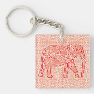 Fractal swirl elephant - coral orange and white keychain