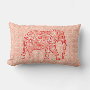 Fractal swirl elephant - coral orange and white lumbar pillow