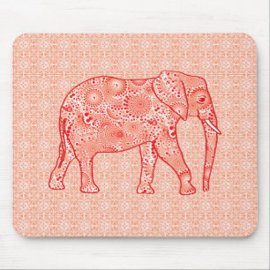 Fractal swirl elephant - coral orange and white mouse pad