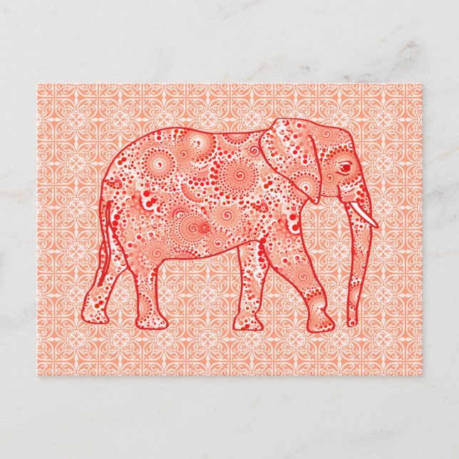 Fractal swirl elephant - coral orange and white postcard (Front)