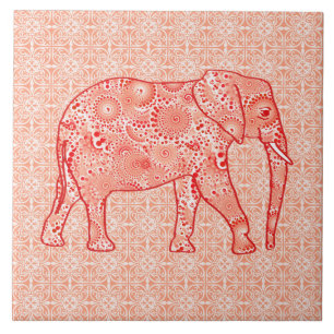 Fractal swirl elephant - coral orange and white tile