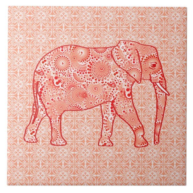Fractal swirl elephant - coral orange and white tile (Front)