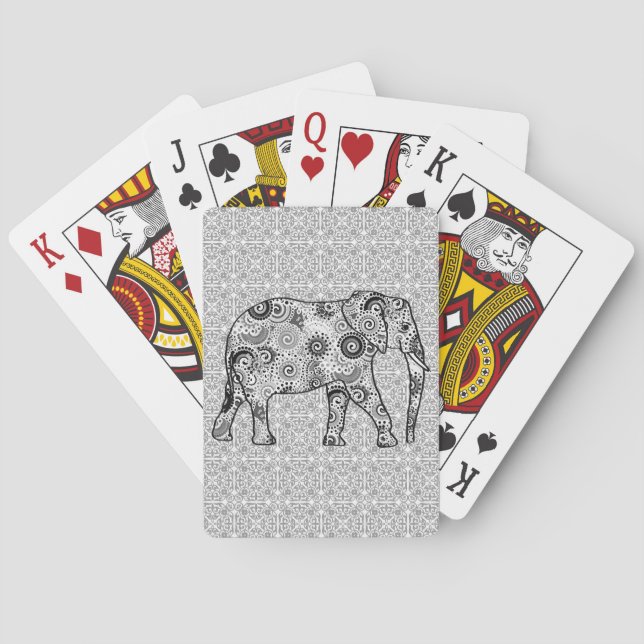 Fractal swirl elephant - gray, black and white playing cards (Back)