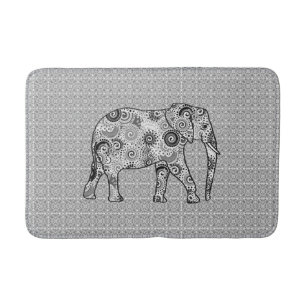 Fractal Swirl Elephant, Grey, Black and White Bath Mat