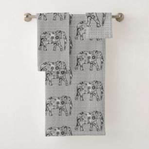 Fractal swirl elephant, grey, black and white bath towel set