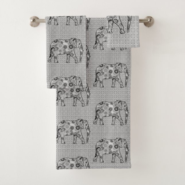 Fractal swirl elephant, grey, black and white bath towel set (Insitu)