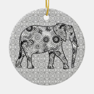 Fractal swirl elephant - grey, black and white ceramic ornament