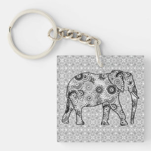 Fractal swirl elephant - grey, black and white keychain