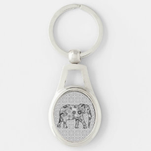 Fractal swirl elephant - grey, black and white keychain