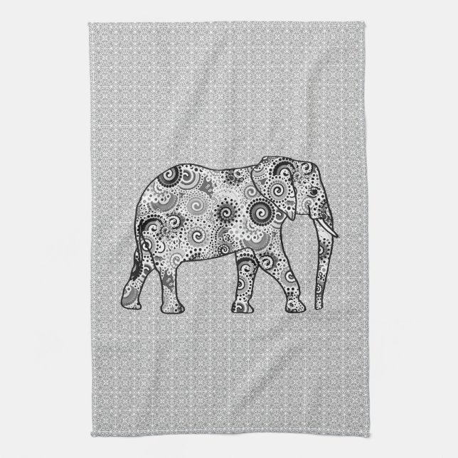 Fractal swirl elephant - grey, black and white kitchen towel (Vertical)