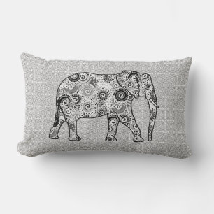 Fractal swirl elephant - grey, black and white lumbar pillow