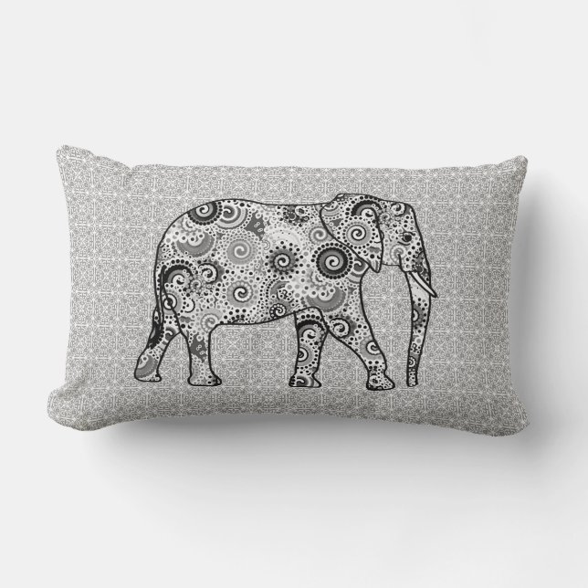 Fractal swirl elephant - grey, black and white lumbar pillow (Front)