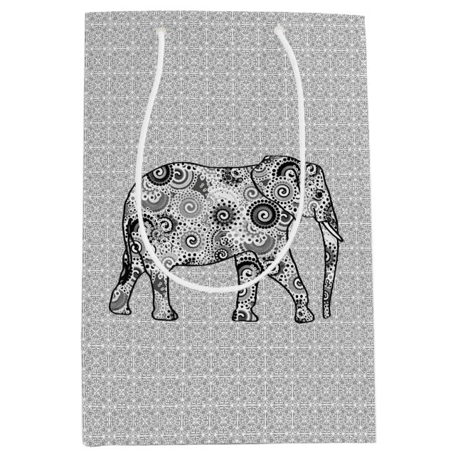 Fractal Swirl Elephant, Grey, Black and White Medium Gift Bag (Front)