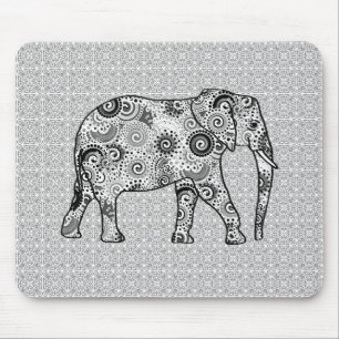 Fractal swirl elephant - grey, black and white mouse pad