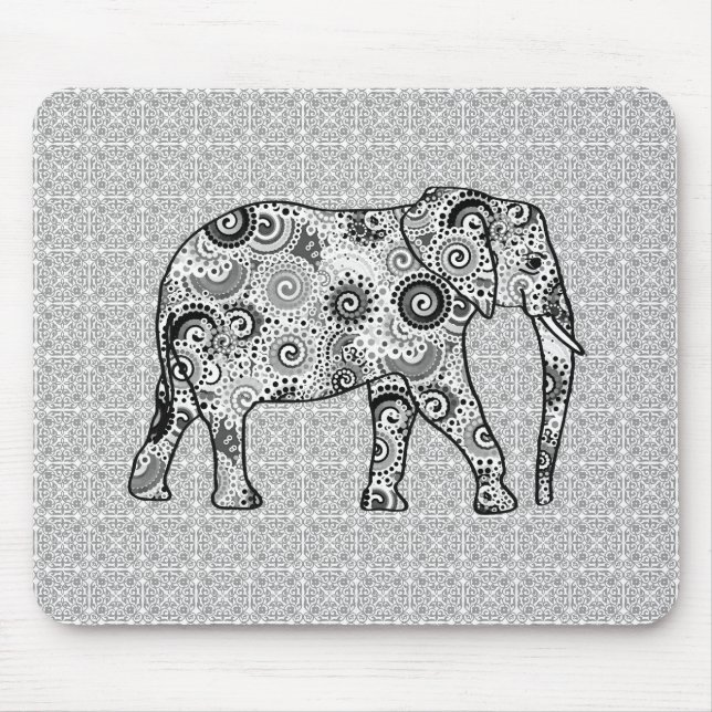 Fractal swirl elephant - grey, black and white mouse pad (Front)