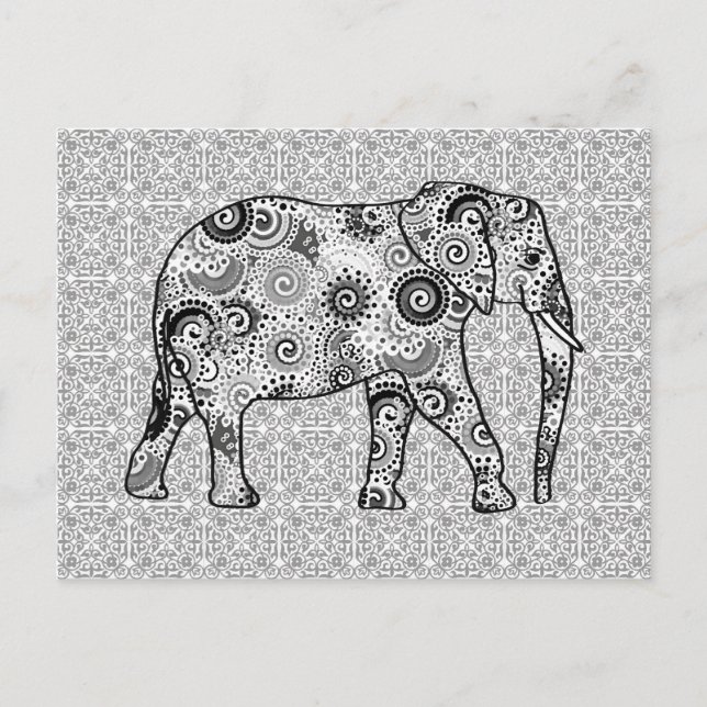 Fractal swirl elephant - grey, black and white postcard (Front)