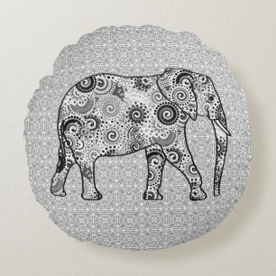 Fractal swirl elephant - grey, black and white round pillow