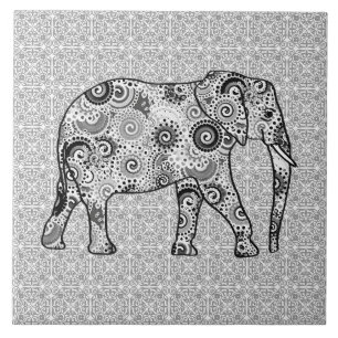 Fractal swirl elephant - grey, black and white tile