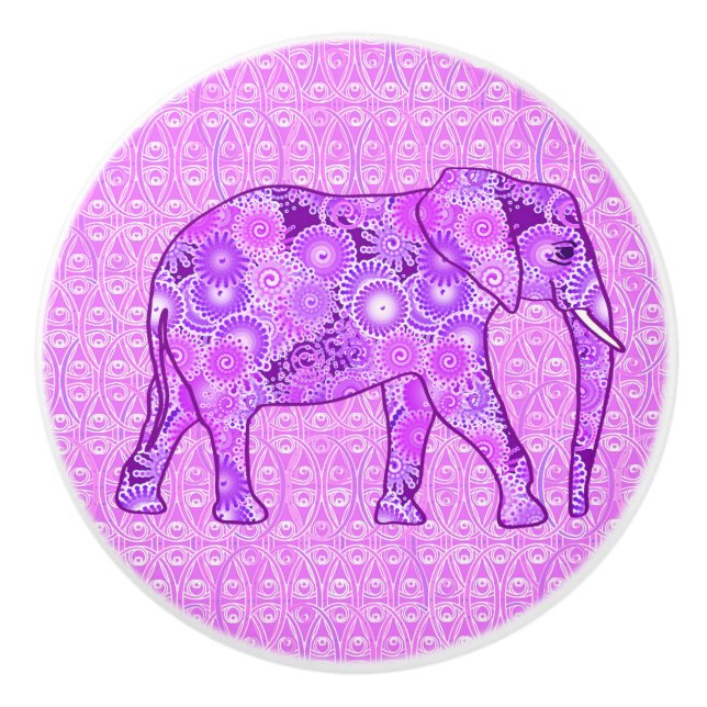Fractal swirl elephant - purple and orchid ceramic knob (Front)