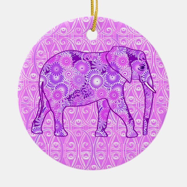 Fractal swirl elephant - purple and orchid ceramic ornament (Front)