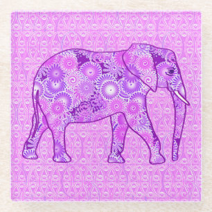 Fractal swirl elephant - purple and orchid glass coaster