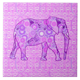 Fractal swirl elephant - purple and orchid tile