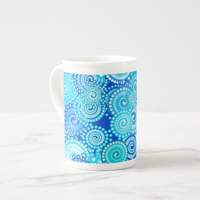 Fractal swirl pattern, cobalt blue bone china mug (Front Left)
