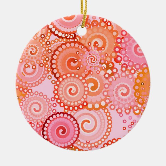 Fractal swirl pattern, coral and pink ceramic ornament (Front)