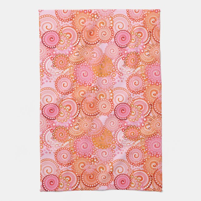 Fractal swirl pattern, coral and pink kitchen towel (Vertical)