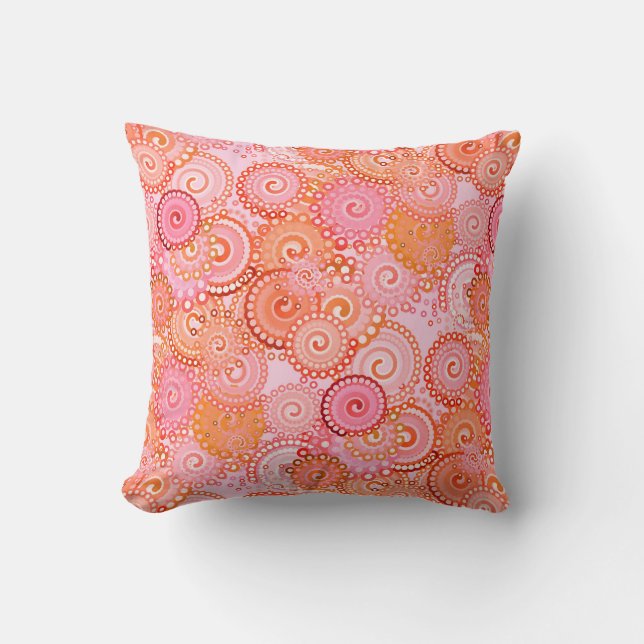 Fractal swirl pattern, coral and pink throw pillow (Front)