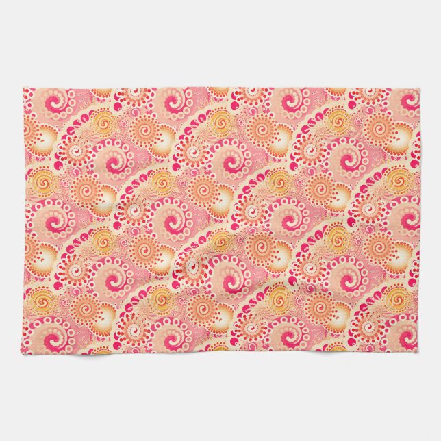 Fractal swirl pattern, coral, peach kitchen towel (Horizontal)