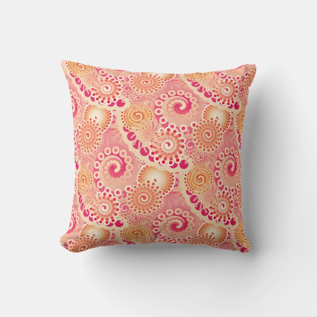 Fractal swirl pattern, coral, peach throw pillow (Front)