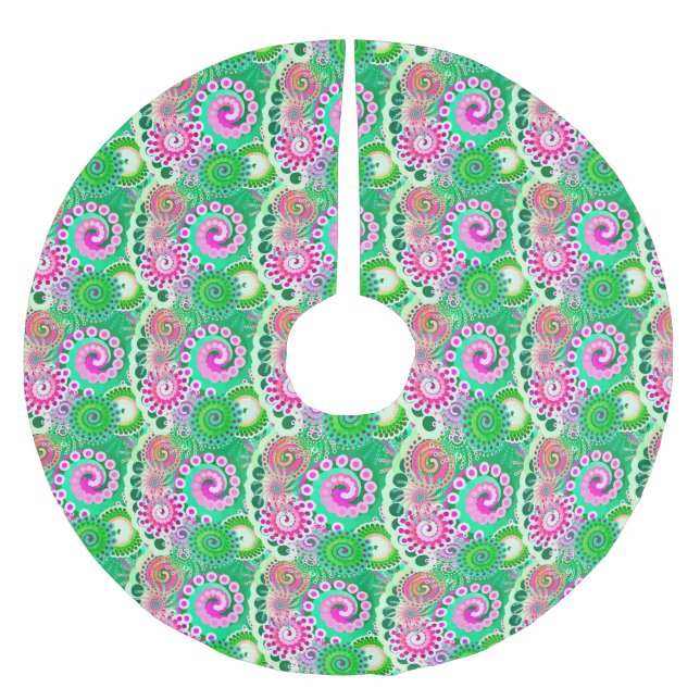 Fractal swirl pattern, green, pink, multi brushed polyester tree skirt (Front)