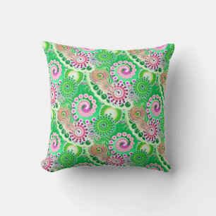 Fractal swirl pattern, green, pink, multi throw pillow