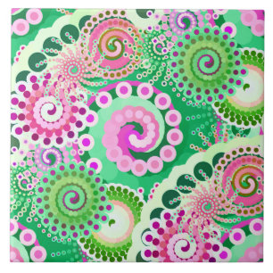 Fractal swirl pattern, green, pink, multi tile
