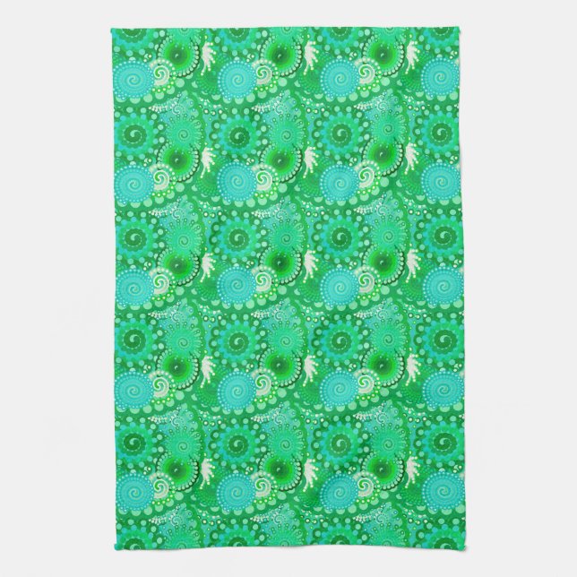 Fractal swirl pattern, jade, turquoise, aqua kitchen towel (Vertical)