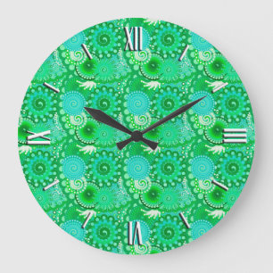 Fractal swirl pattern, jade, turquoise, aqua large clock