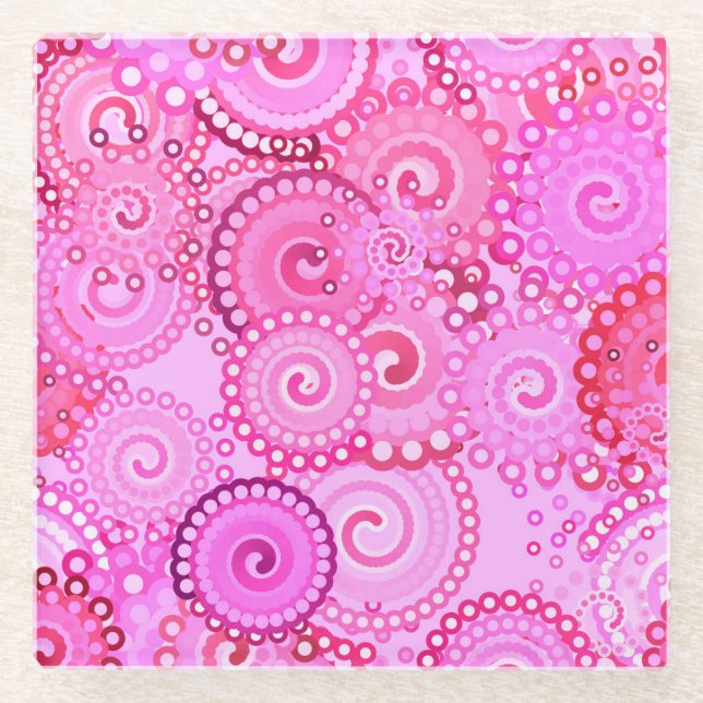 Fractal swirl pattern, pink and fuchsia glass coaster (Front)