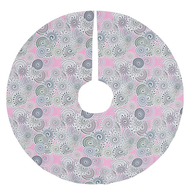 Fractal swirl pattern, pink and grey brushed polyester tree skirt (Front)
