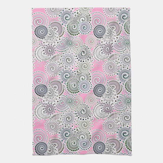 Fractal swirl pattern, pink and grey kitchen towel (Vertical)