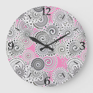 Fractal swirl pattern, pink and grey large clock