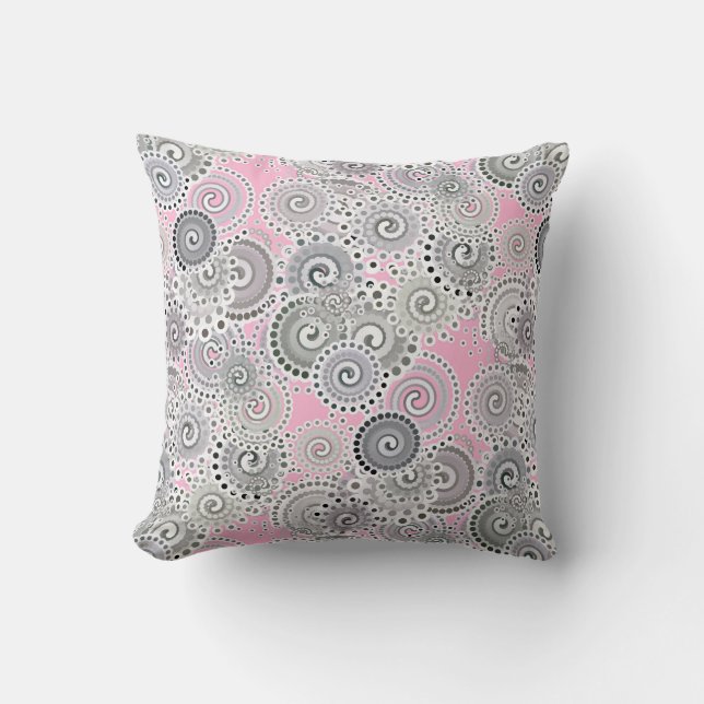 Fractal swirl pattern, pink and grey throw pillow (Front)