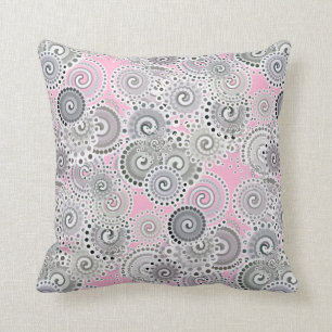 Fractal swirl pattern, pink and grey throw pillow