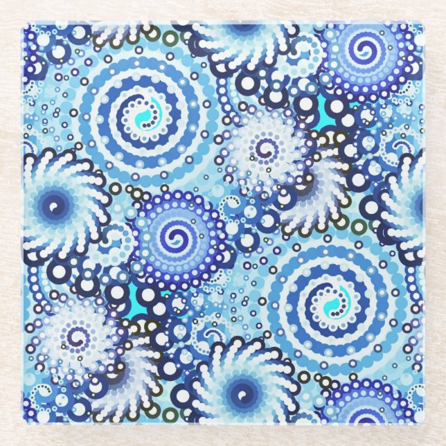 Fractal swirl pattern, shades of blue glass coaster (Front)